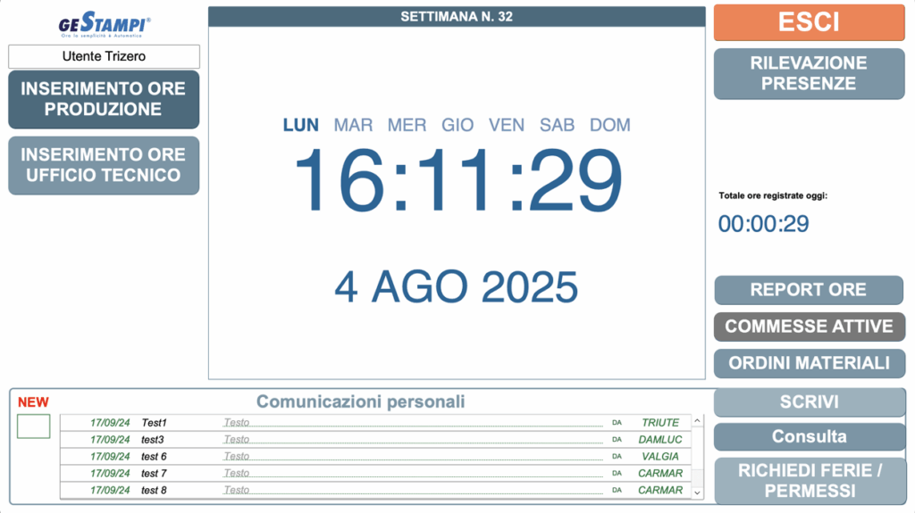 Schermata Chiosco rilevazione presenze GeStampi