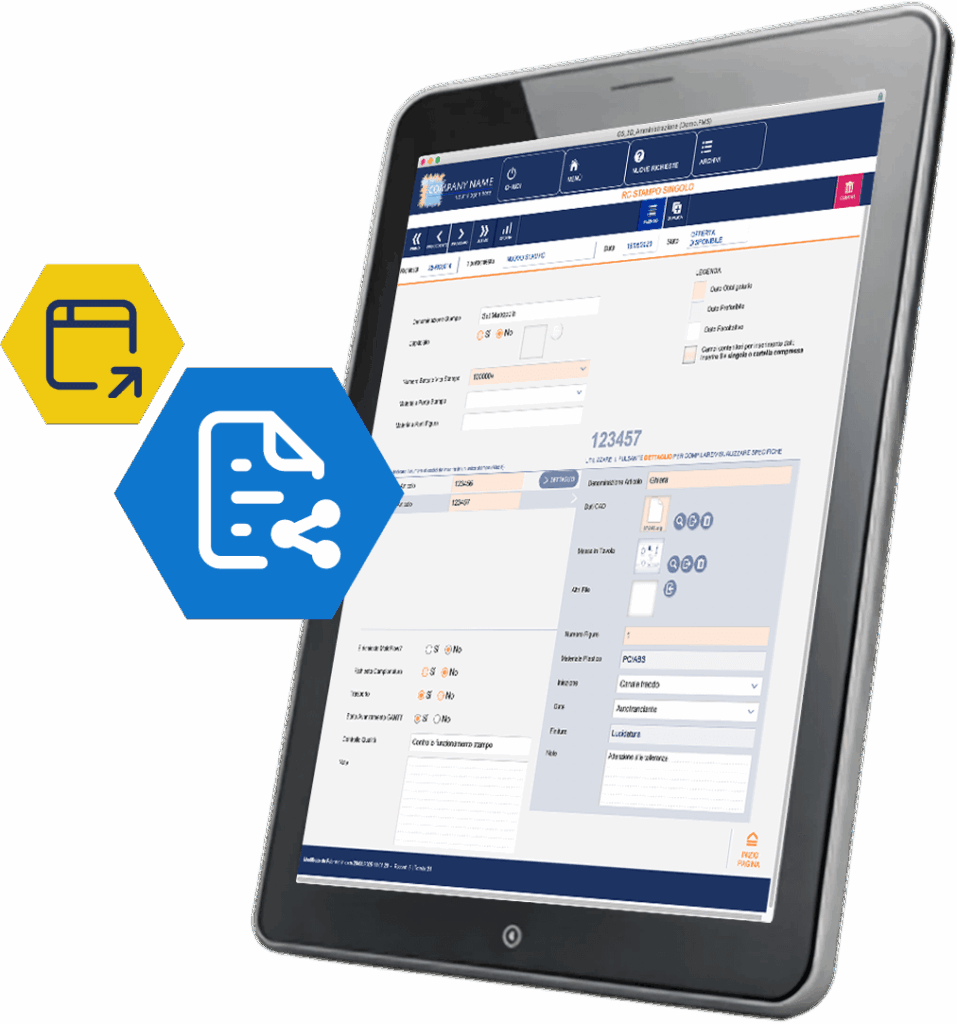 Slide gestionale tablet connessione GeStampi icone esagonali